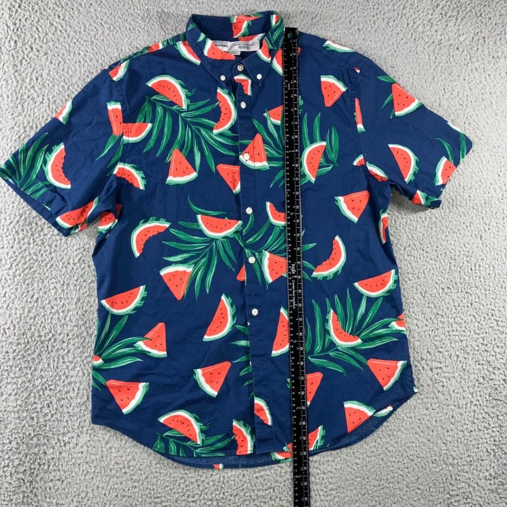 Old Navy Button Graphic Button Up Shirt Men M Watermelon Palm Leaf‎ Vaca Beach